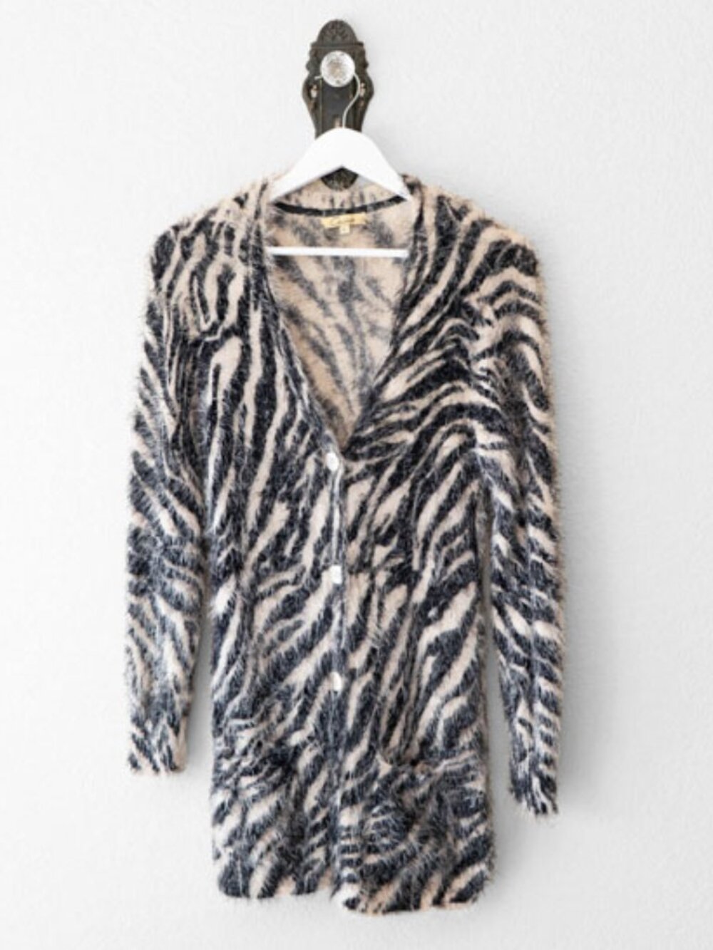 Cecico Zebra Print Fuzzy Cardigan Sweater Faux Fur Soft Button Front Large
